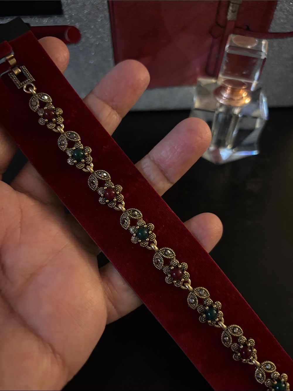 7”Gold-Tone Bracelet with Red and Green Accent Stones